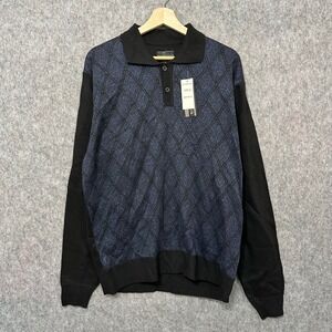 NEW CHERESKIN‎ Mens XL Black Blue Argyle Knit Polo Sweater Long Sleeve